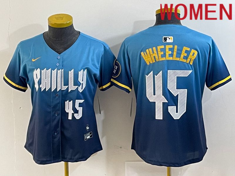 Women Philadelphia Phillies 45 Wheeler Blue City Edition Nike 2024 MLB Jersey style 4